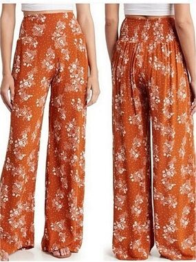 Three Dots Orange Floral Pull On Palazzo Pants Size XL Boho Flowy